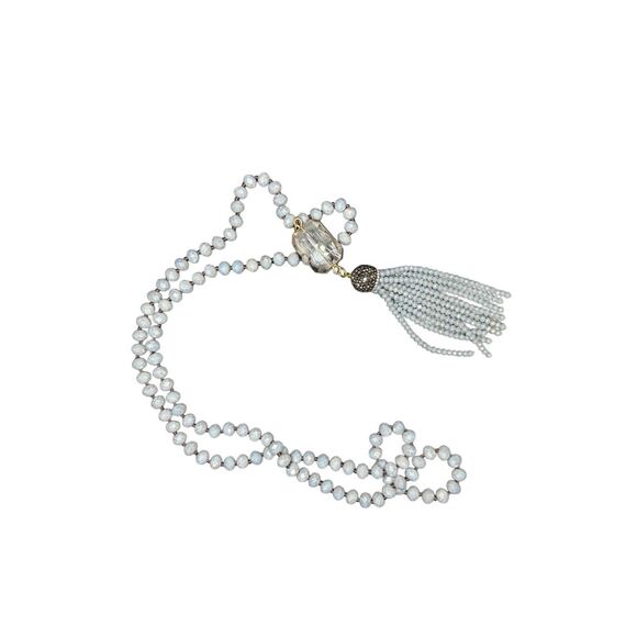Anthropologie greyish blue beaded tassel necklace - Picture 1 of 6